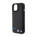 BMW Leather Carbon Blue Line - Etui iPhone 15 (czarny)