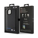 BMW Leather Carbon Blue Line - Etui iPhone 15 Plus (czarny)