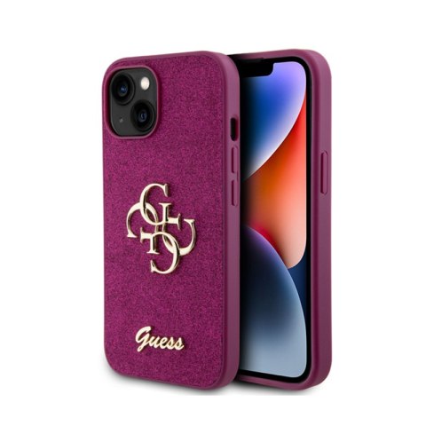 Guess Glitter Script Big 4G - Etui iPhone 15 (fioletowy)