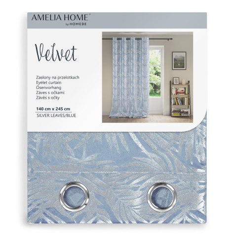 Zasłona SILVERLEAVES kolor błękitny   przelotki srebrne velvet 140x245 AmeliaHome - CURT/AH/VELVET/SILVERLE