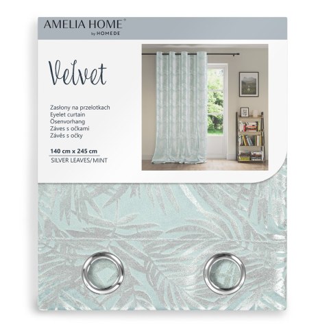 Zasłona SILVERLEAVES kolor miętowy   przelotki srebrne velvet 140x245 AmeliaHome - CURT/AH/VELVET/SILVERLEA