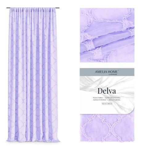 Firana DELVA  liliowy haftowany motyw boho taśma taśma woal 140x270 ameliahome - SCURT/AH/DELVA/PLEAT/LAVENDER/140X270