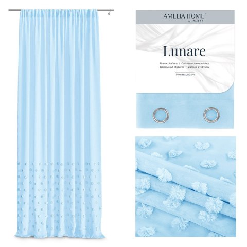 Firana LUNARE kolor błękitny haftowany motyw boho taśma taśma woal 140x250 ameliahome - SCURT/AH/LUNARE/PLEAT/BABYBLUE/140X250