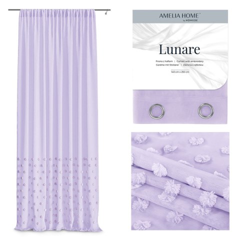 Firana LUNARE kolor liliowy haftowany motyw boho taśma taśma woal 140x270 ameliahome - SCURT/AH/LUNARE/PLEAT/LAVENDER/140X270