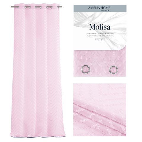 Firana MOLISA  różowy haftowany motyw boho przelotki srebrne woal 140x270 ameliahome - SCURT/AH/MOLISA/EYELETS/PINK/140X270