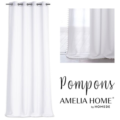 Firana POMPONS kolor biały przelotki przelotki srebrne woal 140x270 ameliahome - SCURT/AH/POMPONS/EYELETS/140X270