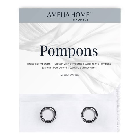 Firana POMPONS kolor biały przelotki przelotki srebrne woal 140x270 ameliahome - SCURT/AH/POMPONS/EYELETS/140X270