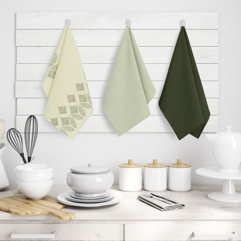 Ręcznik kuchenny LETTY kolor butelkowa zieleń drukowany motyw nowoczesny 50x70 ameliahome - KIT/AH/LETTY/MIX/STAMP/OLIVES/3PACK/