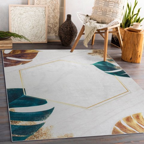 Dywan krótkowłosy ARLEN LEAVES1  biały motyw glamour styl tropikalny 160x220 hakano - RUG/LU/ARLEN/LEAVES1/WHITE+GOLD/160x