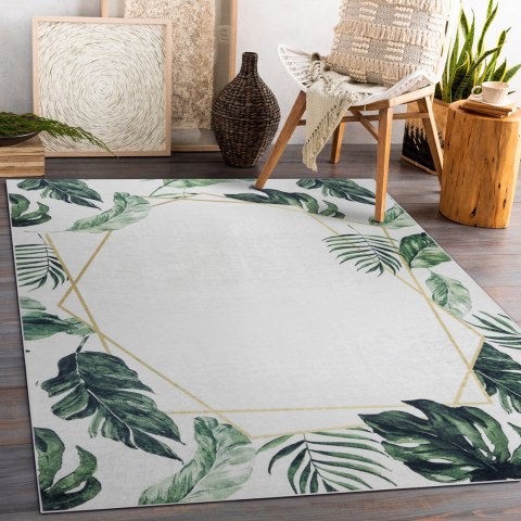 Dywan krótkowłosy ARLEN LEAVES2  biały motyw roślinny styl tropikalny 120x170 hakano - RUG/LU/ARLEN/LEAVES2/WHITE+GREEN/12