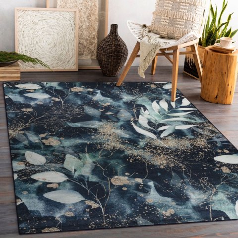 Dywan krótkowłosy ARLEN LEAVES3  czarny motyw glamour styl tropikalny 160x220 hakano - RUG/LU/ARLEN/LEAVES3/BLACK+TURQUISE