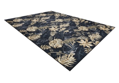 Dywan krótkowłosy ARLEN LEAVES4  czarny motyw roślinny styl tropikalny 80x150 hakano - RUG/LU/ARLEN/LEAVES4/BLACK+GOLD/80x