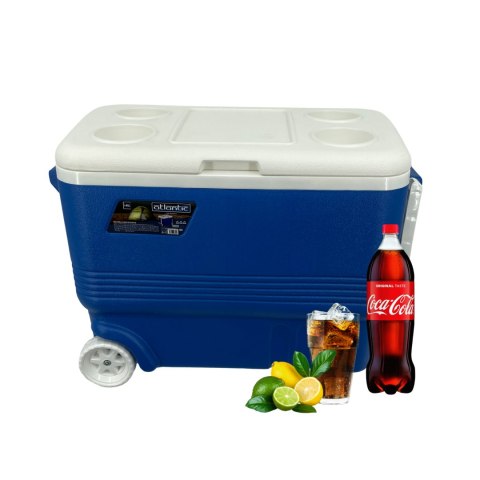 Lodówka turystyczna 45L z kółkami Kamai Coolbox pasywna na wkłady mrożące, niebieska z białą rączką Cageco