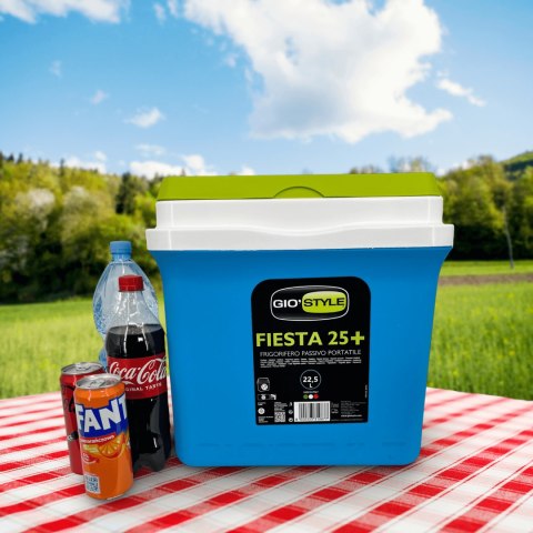 Lodówka turystyczna 22,5L KAMAI FIESTA na wkłady mrożące, błękitna z zieloną pokrywą i uchwytem Giostyle