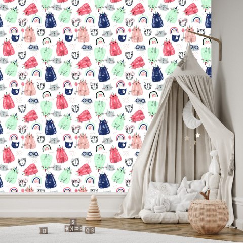 Tapeta Dla Dzieci - Kolorowe Kotki - Styl Skandynawski Flizelina 53x1000 TR-366-VER-53