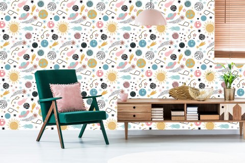 Tapeta Dla Dzieci - Kolorowe Gwiazdy I Planety W Stylu Skandynawskim Flizelina 53x1000 TR-724-VER-53