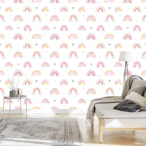 Tapeta Dla Dzieci Pastelowa Tęcza Chmury Serca 3D Flizelina 53x1000 TR-2503-VER-53