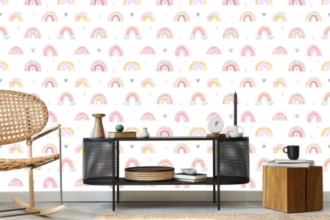 Tapeta Dla Dzieci Pastelowa Tęcza Chmury Serca 3D Flizelina 53x1000 TR-2503-VER-53