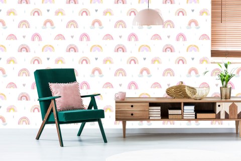 Tapeta Dla Dzieci Pastelowa Tęcza Chmury Serca 3D Flizelina 53x1000 TR-2503-VER-53