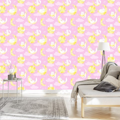 Tapeta Dla Dzieci - Gwiazdki, Kotki I Księżyce Flizelina 53x1000 TR-2048-VER-53