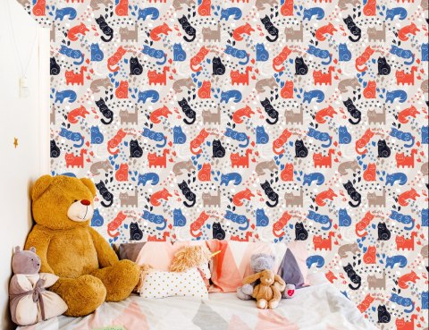 Tapeta Dla Dzieci - Kolorowe Kotki - Styl Skandynawski Flizelina 53x1000 TR-305-VER-53