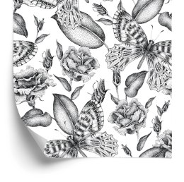 Tapeta Czarno-Białe Róże Z Motylami Flizelina 53x1000 TR-3702-VER-53