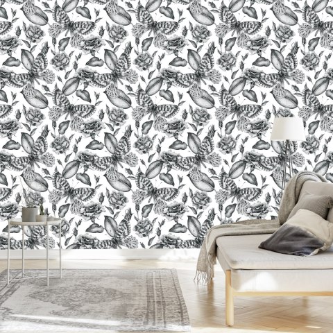 Tapeta Czarno-Białe Róże Z Motylami Flizelina 53x1000 TR-3702-VER-53