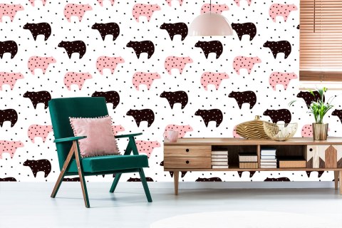 Tapeta Dla Dzieci - Czarne I Różowe Misie I Gwiazdki Flizelina 53x1000 TR-520-VER-53