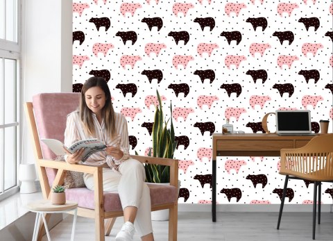 Tapeta Dla Dzieci - Czarne I Różowe Misie I Gwiazdki Flizelina 53x1000 TR-520-VER-53