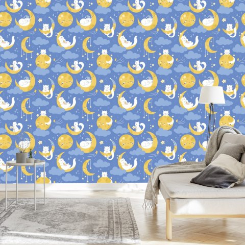 Tapeta Dla Dzieci - Gwiazdki, Kotki I Księżyce Flizelina 53x1000 TR-2039-VER-53