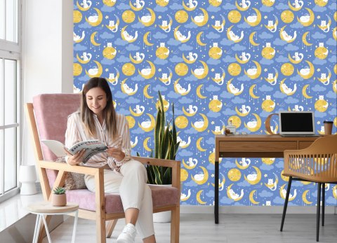 Tapeta Dla Dzieci - Gwiazdki, Kotki I Księżyce Flizelina 53x1000 TR-2039-VER-53