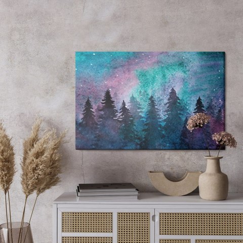 Obraz Na Płótnie Akwarelowy Nocny Pejzaż Leśny Canvas Naturalny 100x70 LB-1216-NC100-70