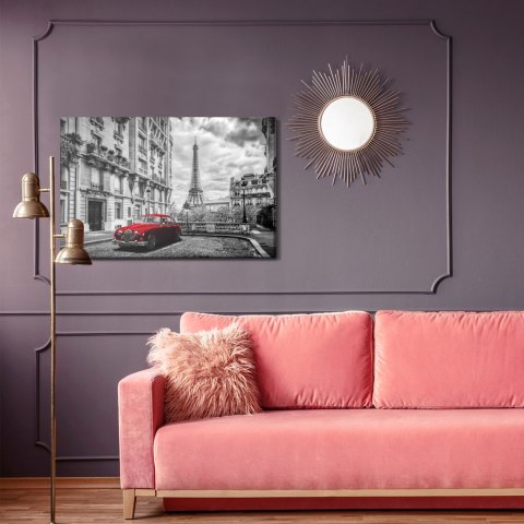 Obraz Na Płótnie Czerwony Samochód I Wieża Eiffla Canvas Naturalny 100x70 LB-140-NC100-70