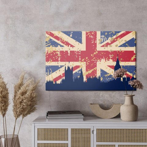 Obraz Na Płótnie Flaga Wielkiej Brytanii Z Sylwetką Londynu Canvas Naturalny 100x70 LB-1281-NC100-70