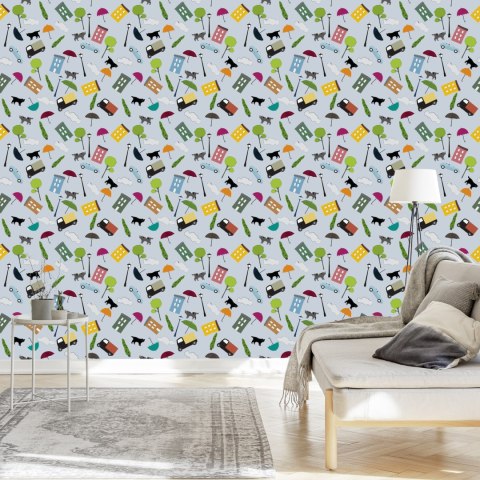 Tapeta Dla Dzieci - Chmurki Drzewka Kotki Flizelina 53x1000 TR-1020-VER-53