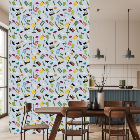 Tapeta Dla Dzieci - Chmurki Drzewka Kotki Flizelina 53x1000 TR-1020-VER-53