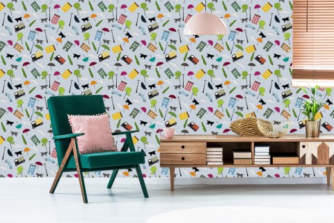 Tapeta Dla Dzieci - Chmurki Drzewka Kotki Flizelina 53x1000 TR-1020-VER-53