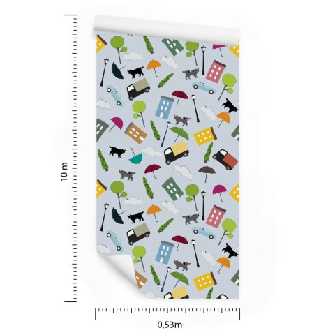 Tapeta Dla Dzieci - Chmurki Drzewka Kotki Flizelina 53x1000 TR-1020-VER-53