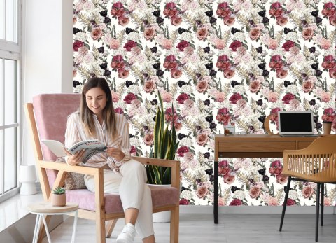 Tapeta Róże Z Liśćmi Paproci Flizelina 53x1000 TR-3429-VER-53