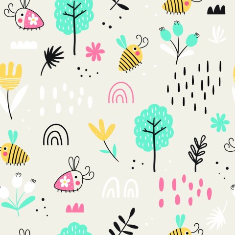 Tapeta Dla Dzieci - Pszczółki I Rośliny W Stylu Skandynawskim Flizelina 53x1000 TR-765-VER-53