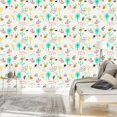 Tapeta Dla Dzieci - Pszczółki I Rośliny W Stylu Skandynawskim Flizelina 53x1000 TR-765-VER-53