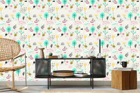 Tapeta Dla Dzieci - Pszczółki I Rośliny W Stylu Skandynawskim Flizelina 53x1000 TR-765-VER-53