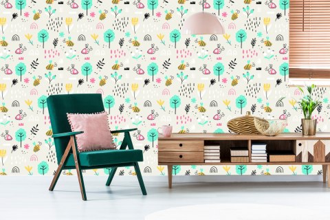 Tapeta Dla Dzieci - Pszczółki I Rośliny W Stylu Skandynawskim Flizelina 53x1000 TR-765-VER-53