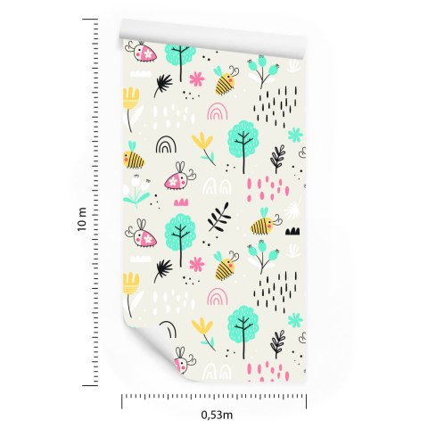 Tapeta Dla Dzieci - Pszczółki I Rośliny W Stylu Skandynawskim Flizelina 53x1000 TR-765-VER-53