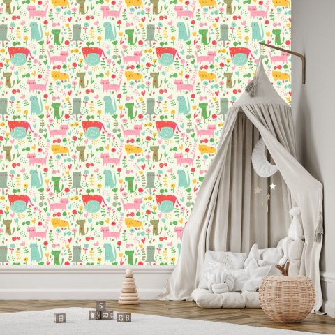 Tapeta Dla Dzieci - Kolorowe Kotki I Roślinki Flizelina 53x1000 TR-1008-VER-53