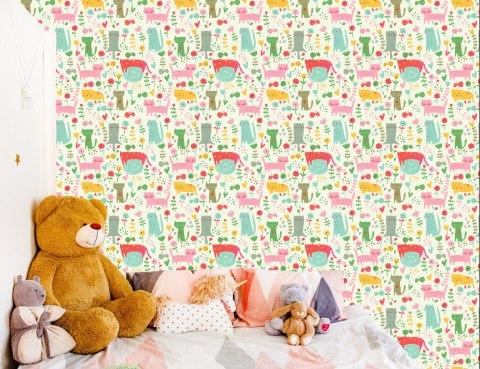 Tapeta Dla Dzieci - Kolorowe Kotki I Roślinki Flizelina 53x1000 TR-1008-VER-53