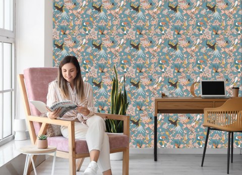 Tapeta Liście, Kwiaty I Egzotyczne Ptaki Flizelina 53x1000 TR-841-VER-53