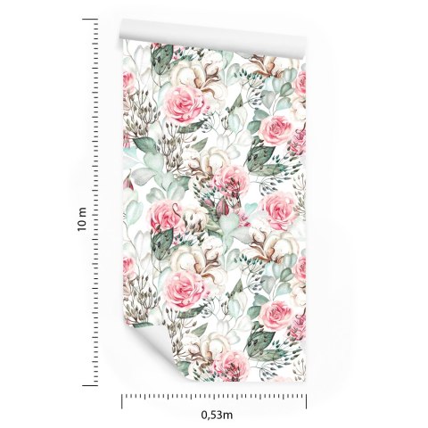 Tapeta Róże I Liście Eukaliptusa Malowane Akwarelą Flizelina 53x1000 TR-907-VER-53