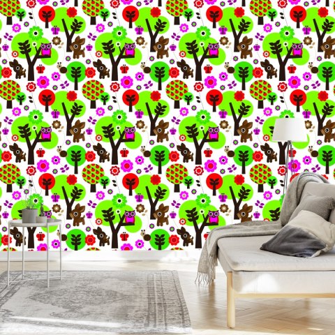 Tapeta Dla Dzieci - Leśne Zwierzątka, Kolorowe Kwiaty I Drzewa Flizelina 53x1000 TR-1051-VER-53