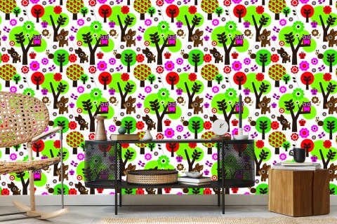 Tapeta Dla Dzieci - Leśne Zwierzątka, Kolorowe Kwiaty I Drzewa Flizelina 53x1000 TR-1051-VER-53